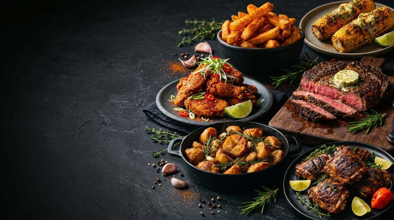 A table of home-cooked dishes — chips, wings, roast potatoes, steak, grilled corn and jerk-style chicken — seasoned with Pinchwell blends